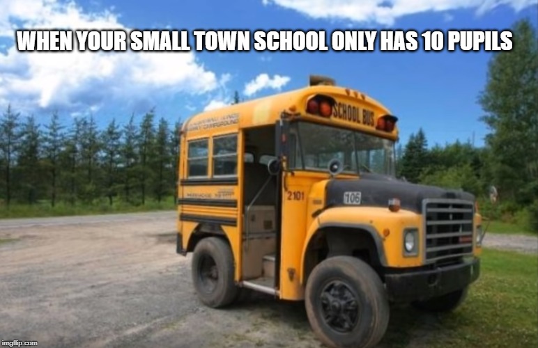short school run | WHEN YOUR SMALL TOWN SCHOOL ONLY HAS 10 PUPILS | image tagged in school bus,small town | made w/ Imgflip meme maker