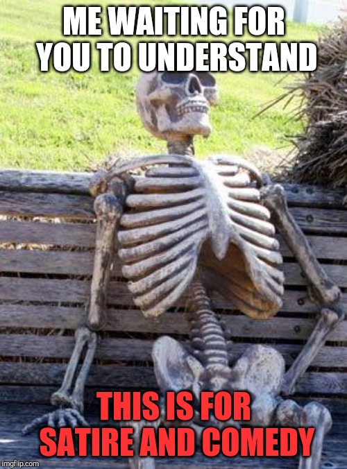 Waiting Skeleton Meme | ME WAITING FOR YOU TO UNDERSTAND THIS IS FOR SATIRE AND COMEDY | image tagged in memes,waiting skeleton | made w/ Imgflip meme maker