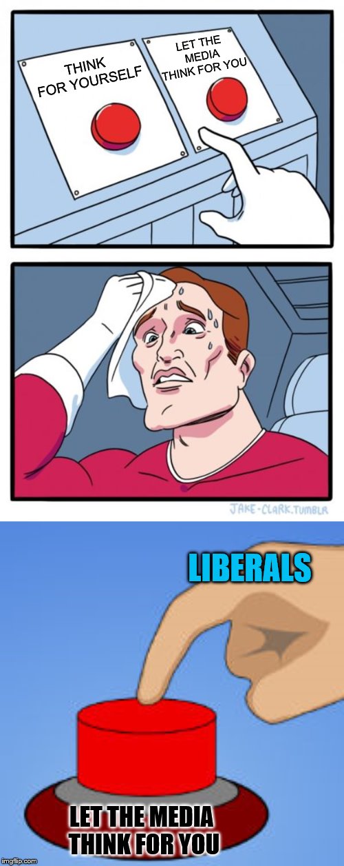 THINK FOR YOURSELF LET THE MEDIA THINK FOR YOU LIBERALS LET THE MEDIA THINK FOR YOU | image tagged in memes,two buttons | made w/ Imgflip meme maker
