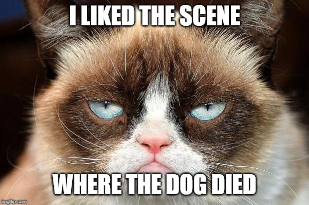 Grumpy Cat Not Amused Meme | I LIKED THE SCENE WHERE THE DOG DIED | image tagged in memes,grumpy cat not amused,grumpy cat | made w/ Imgflip meme maker