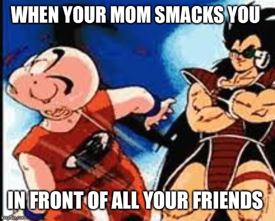 Krillin gets owned | WHEN YOUR MOM SMACKS YOU; IN FRONT OF ALL YOUR FRIENDS | image tagged in dbz,dbz saiyan | made w/ Imgflip meme maker