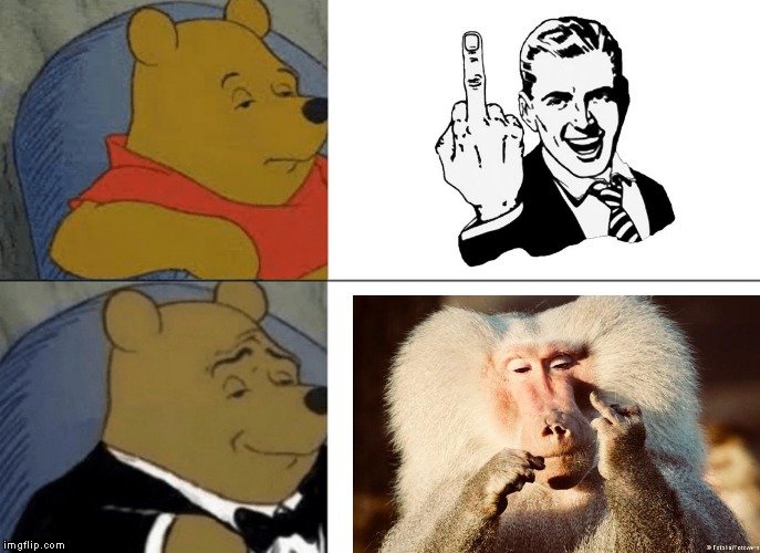 Flip Off Contest | image tagged in memes,tuxedo winnie the pooh,1950s middle finger | made w/ Imgflip meme maker