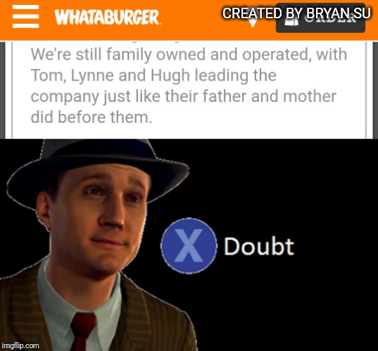 CREATED BY BRYAN SU | image tagged in la noire press x to doubt | made w/ Imgflip meme maker