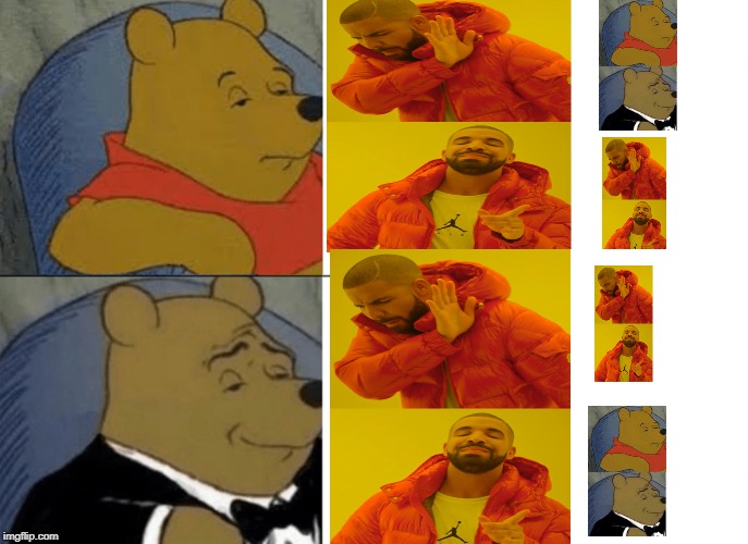 Idc how simple this is. It's still an uncommon (at least on Imgflip, maybe) idea. | image tagged in tuxedo winnie the pooh,drake hotline bling,smart,stupid,funny | made w/ Imgflip meme maker