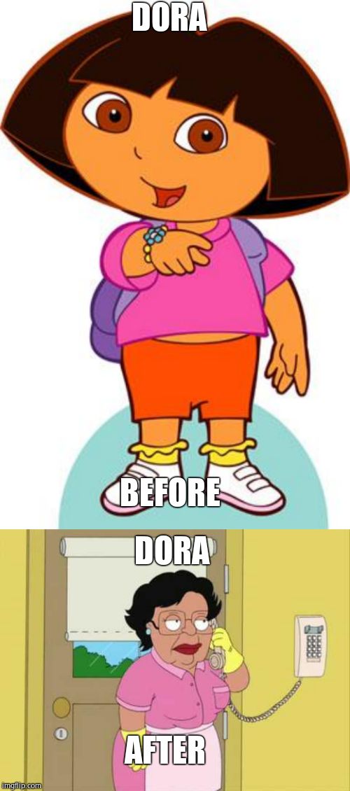DORA; BEFORE; DORA; AFTER | image tagged in dora | made w/ Imgflip meme maker