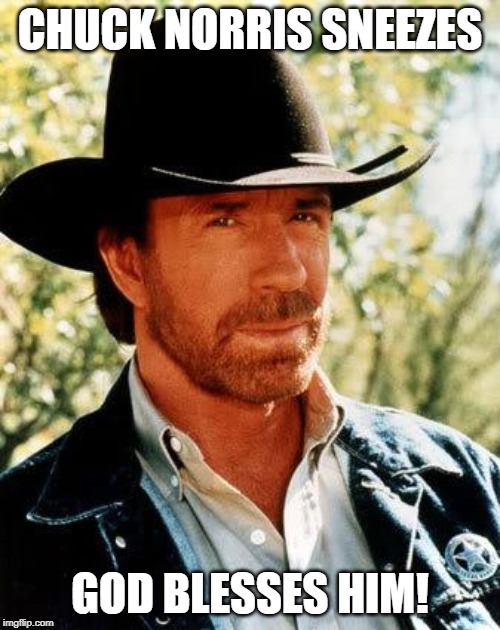 Gesundheit | CHUCK NORRIS SNEEZES; GOD BLESSES HIM! | image tagged in memes,chuck norris | made w/ Imgflip meme maker