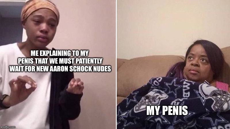 Me explaining to my mom | ME EXPLAINING TO MY PENIS THAT WE MUST PATIENTLY WAIT FOR NEW AARON SCHOCK NUDES; MY PENIS | image tagged in me explaining to my mom | made w/ Imgflip meme maker