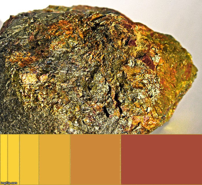 A rock covered in gold compared to the Golden Ratio.  #FFDA00 #FAD100 #F1C300 #E3AC00 #CC8700 #A74B00 | image tagged in gold,the golden ratio,rock,colors,the visible light spectrum,beauty | made w/ Imgflip meme maker