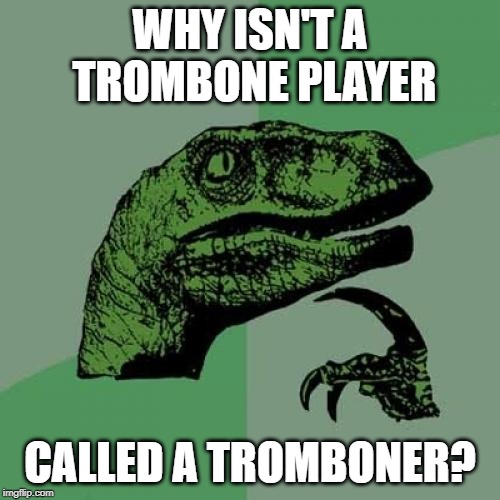 Philosoraptor Meme | WHY ISN'T A TROMBONE PLAYER; CALLED A TROMBONER? | image tagged in memes,philosoraptor | made w/ Imgflip meme maker