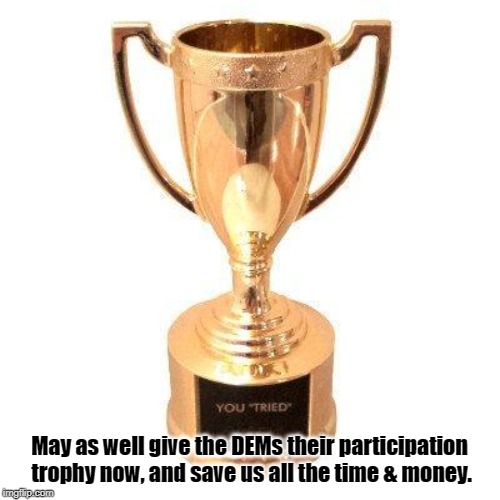 Participation trophy | May as well give the DEMs their participation trophy now, and save us all the time & money. | image tagged in participation trophy | made w/ Imgflip meme maker