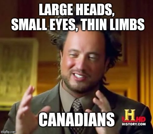 Ancient Aliens Meme | LARGE HEADS, SMALL EYES, THIN LIMBS; CANADIANS | image tagged in memes,ancient aliens | made w/ Imgflip meme maker