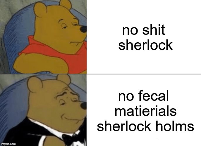 Tuxedo Winnie The Pooh | no shit sherlock; no fecal matierials sherlock holms | image tagged in memes,tuxedo winnie the pooh | made w/ Imgflip meme maker