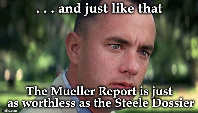 More of our Tax dollars down the drain | . . . and just like that The Mueller Report is just as worthless as the Steele Dossier | image tagged in forest gump,investigation,russian investigation,fbi investigation,russia investigation,enough is enough | made w/ Imgflip meme maker