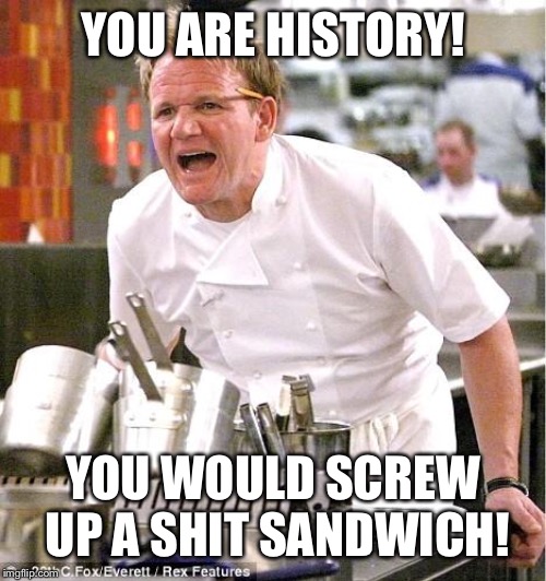 Chef Gordon Ramsay | YOU ARE HISTORY! YOU WOULD SCREW UP A SHIT SANDWICH! | image tagged in memes,chef gordon ramsay | made w/ Imgflip meme maker