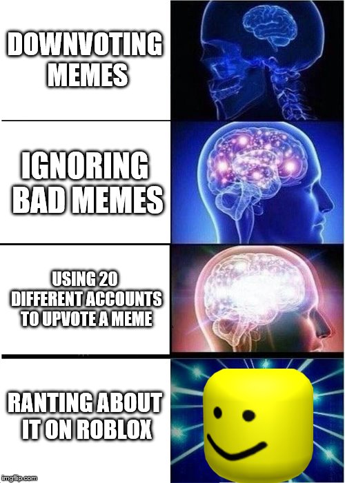 Expanding Brain Meme | DOWNVOTING MEMES; IGNORING BAD MEMES; USING 20 DIFFERENT ACCOUNTS TO UPVOTE A MEME; RANTING ABOUT IT ON ROBLOX | image tagged in memes,expanding brain | made w/ Imgflip meme maker