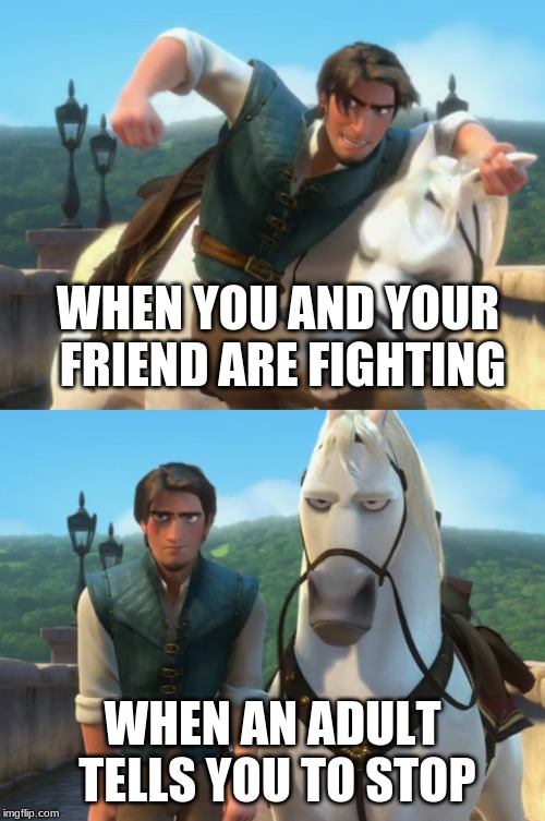 WHEN YOU AND YOUR FRIEND ARE FIGHTING; WHEN AN ADULT TELLS YOU TO STOP | made w/ Imgflip meme maker