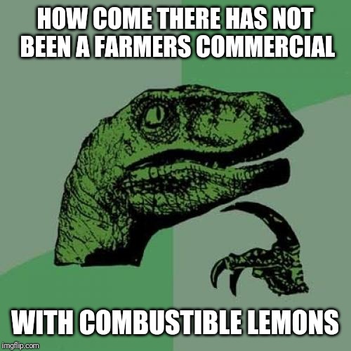 Only Portal fans will make the connection | HOW COME THERE HAS NOT BEEN A FARMERS COMMERCIAL; WITH COMBUSTIBLE LEMONS | image tagged in memes,philosoraptor | made w/ Imgflip meme maker