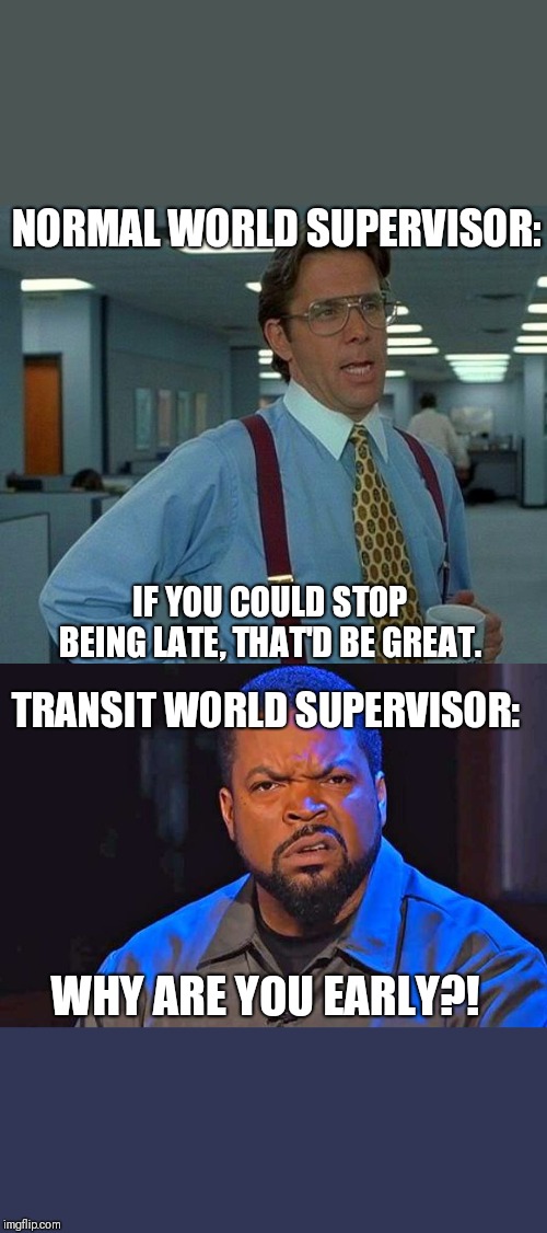 Normal world vs transit world. | NORMAL WORLD SUPERVISOR:; IF YOU COULD STOP BEING LATE, THAT'D BE GREAT. TRANSIT WORLD SUPERVISOR:; WHY ARE YOU EARLY?! | image tagged in memes,that would be great | made w/ Imgflip meme maker