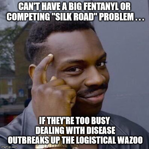 Thinking Black Guy | CAN'T HAVE A BIG FENTANYL OR COMPETING "SILK ROAD" PROBLEM . . . IF THEY'RE TOO BUSY DEALING WITH DISEASE OUTBREAKS UP THE LOGISTICAL WAZOO | image tagged in thinking black guy | made w/ Imgflip meme maker