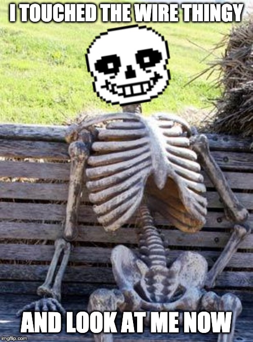 I TOUCHED THE WIRE THINGY AND LOOK AT ME NOW | image tagged in memes,waiting skeleton | made w/ Imgflip meme maker