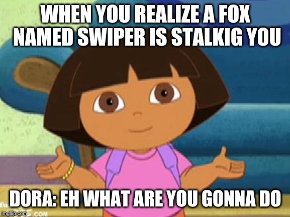 Dilemma Dora | WHEN YOU REALIZE A FOX NAMED SWIPER IS STALKIG YOU; DORA: EH WHAT ARE YOU GONNA DO | image tagged in dilemma dora | made w/ Imgflip meme maker
