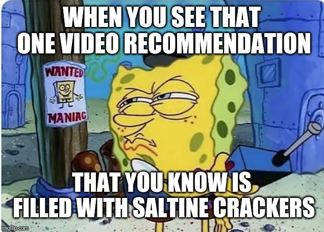 SpongeBob hall monitor | WHEN YOU SEE THAT ONE VIDEO RECOMMENDATION; THAT YOU KNOW IS FILLED WITH SALTINE CRACKERS | image tagged in spongebob hall monitor | made w/ Imgflip meme maker