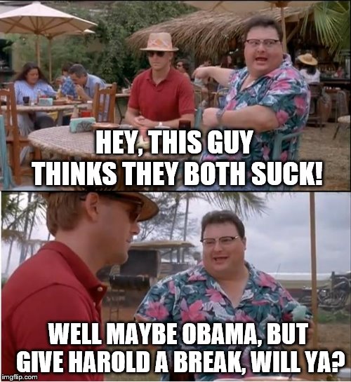 See Nobody Cares Meme | HEY, THIS GUY THINKS THEY BOTH SUCK! WELL MAYBE OBAMA, BUT GIVE HAROLD A BREAK, WILL YA? | image tagged in memes,see nobody cares | made w/ Imgflip meme maker