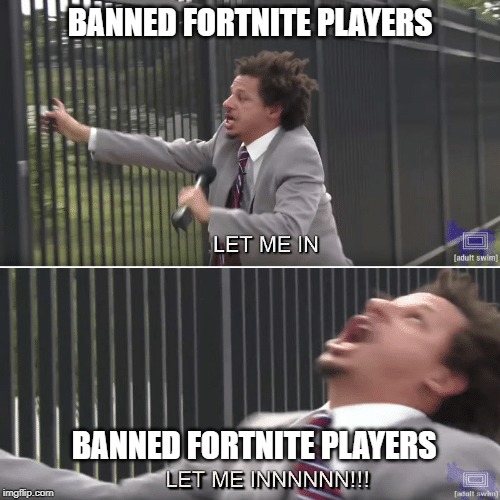 Eric Andre Let me In Meme | BANNED FORTNITE PLAYERS; BANNED FORTNITE PLAYERS | image tagged in eric andre let me in meme | made w/ Imgflip meme maker