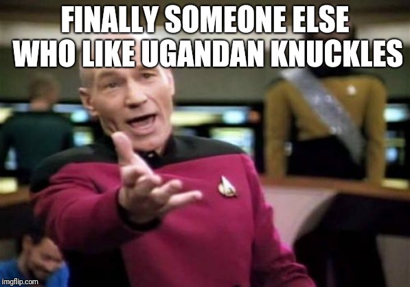 Picard Wtf Meme | FINALLY SOMEONE ELSE WHO LIKE UGANDAN KNUCKLES | image tagged in memes,picard wtf | made w/ Imgflip meme maker