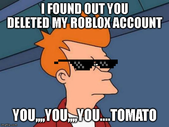 Futurama Fry | I FOUND OUT YOU DELETED MY ROBLOX ACCOUNT; YOU,,,,YOU,,,,YOU....TOMATO | image tagged in memes,futurama fry | made w/ Imgflip meme maker