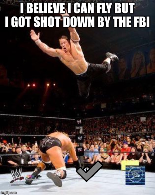 WWE | I BELIEVE I CAN FLY BUT I GOT SHOT DOWN BY THE FBI | image tagged in wwe | made w/ Imgflip meme maker