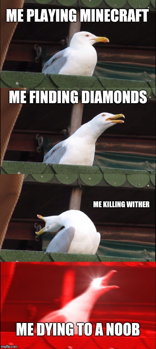 Inhaling Seagull |  ME PLAYING MINECRAFT; ME FINDING DIAMONDS; ME KILLING WITHER; ME DYING TO A NOOB | image tagged in memes,inhaling seagull | made w/ Imgflip meme maker