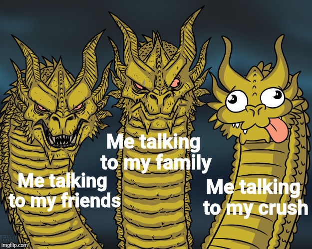 King Ghidorah | Me talking to my family; Me talking to my friends; Me talking to my crush | image tagged in king ghidorah | made w/ Imgflip meme maker