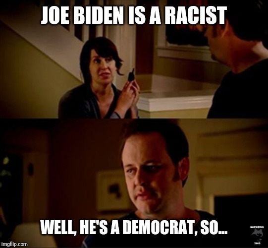 Jake State Farm HiRes | JOE BIDEN IS A RACIST; WELL, HE'S A DEMOCRAT, SO... | image tagged in jake state farm hires | made w/ Imgflip meme maker