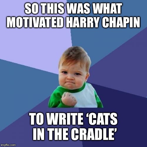 SO THIS WAS WHAT MOTIVATED HARRY CHAPIN TO WRITE ‘CATS IN THE CRADLE’ | image tagged in memes,success kid | made w/ Imgflip meme maker