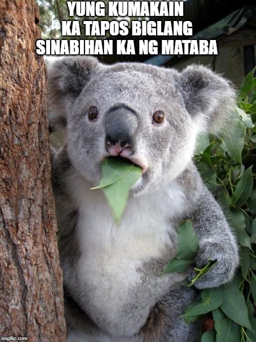 Surprised Koala | YUNG KUMAKAIN KA TAPOS BIGLANG SINABIHAN KA NG MATABA | image tagged in memes,surprised koala | made w/ Imgflip meme maker