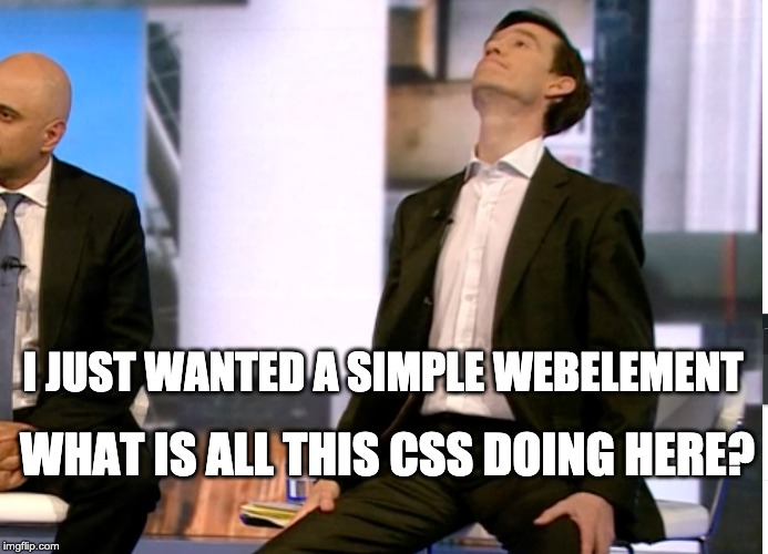 Rory Stewart's Moment of Despair | I JUST WANTED A SIMPLE WEBELEMENT; WHAT IS ALL THIS CSS DOING HERE? | image tagged in rory stewart's moment of despair | made w/ Imgflip meme maker