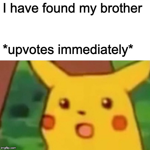 Surprised Pikachu Meme | I have found my brother *upvotes immediately* | image tagged in memes,surprised pikachu | made w/ Imgflip meme maker