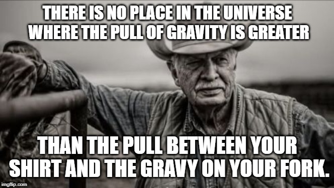 So God Made A Farmer Meme | THERE IS NO PLACE IN THE UNIVERSE WHERE THE PULL OF GRAVITY IS GREATER; THAN THE PULL BETWEEN YOUR SHIRT AND THE GRAVY ON YOUR FORK. | image tagged in memes,so god made a farmer | made w/ Imgflip meme maker