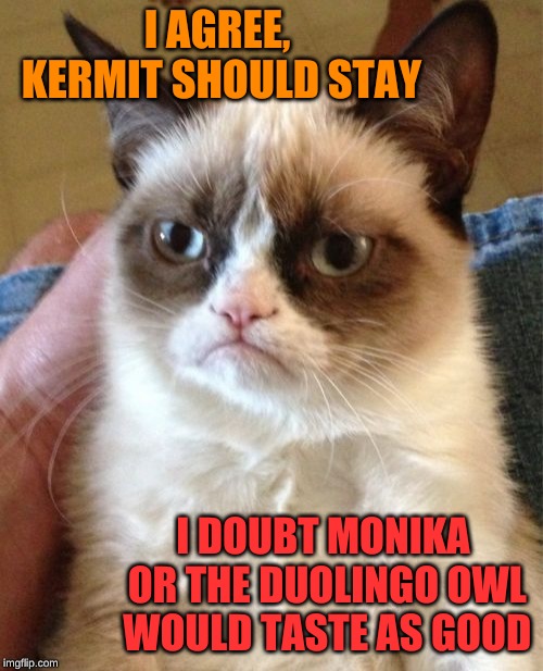 Grumpy Cat Meme | I AGREE, KERMIT SHOULD STAY I DOUBT MONIKA OR THE DUOLINGO OWL WOULD TASTE AS GOOD | image tagged in memes,grumpy cat | made w/ Imgflip meme maker