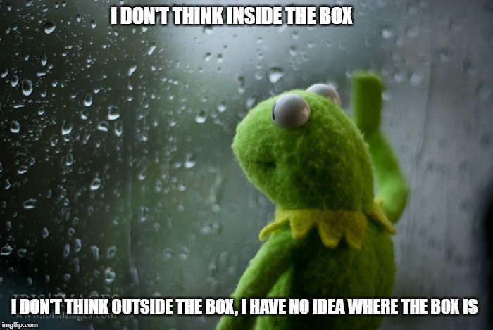 kermit window | I DON'T THINK INSIDE THE BOX; I DON'T THINK OUTSIDE THE BOX,
I HAVE NO IDEA WHERE THE BOX IS | image tagged in kermit window | made w/ Imgflip meme maker