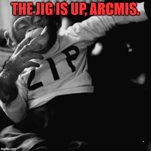Smoking monkey | THE JIG IS UP, ARCMIS. | image tagged in smoking monkey | made w/ Imgflip meme maker