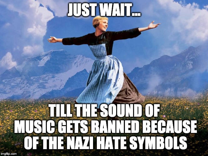 Let's just ban everything and get it over with. | JUST WAIT... TILL THE SOUND OF MUSIC GETS BANNED BECAUSE OF THE NAZI HATE SYMBOLS | image tagged in maria sound of music,nazi,hate symbol | made w/ Imgflip meme maker