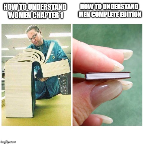 Big book vs Little Book | HOW TO UNDERSTAND MEN COMPLETE EDITION; HOW TO UNDERSTAND WOMEN CHAPTER 1 | image tagged in big book vs little book | made w/ Imgflip meme maker