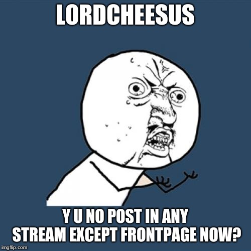 Y U No Meme | LORDCHEESUS Y U NO POST IN ANY STREAM EXCEPT FRONTPAGE NOW? | image tagged in memes,y u no | made w/ Imgflip meme maker