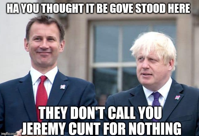 Politics | HA YOU THOUGHT IT BE GOVE STOOD HERE; THEY DON'T CALL YOU JEREMY CUNT FOR NOTHING | image tagged in brexit | made w/ Imgflip meme maker