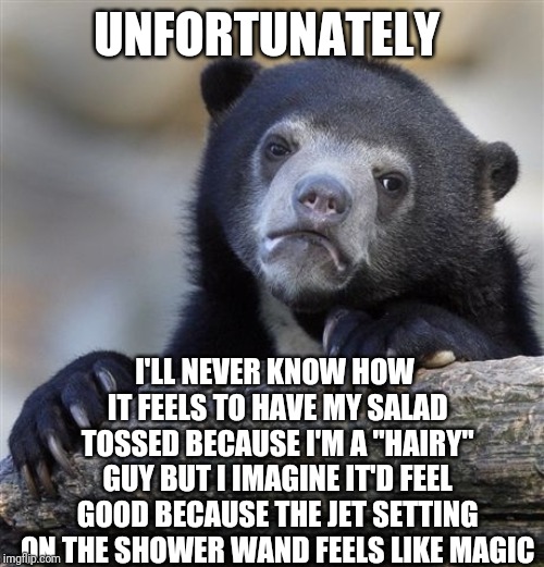 Confession Bear Meme | UNFORTUNATELY; I'LL NEVER KNOW HOW IT FEELS TO HAVE MY SALAD TOSSED BECAUSE I'M A "HAIRY" GUY BUT I IMAGINE IT'D FEEL GOOD BECAUSE THE JET SETTING ON THE SHOWER WAND FEELS LIKE MAGIC | image tagged in memes,confession bear | made w/ Imgflip meme maker