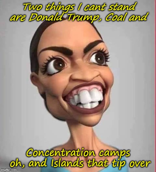 AOC | Two things I cant stand are Donald Trump, Coal and; Concentration camps oh, and Islands that tip over | image tagged in democrat | made w/ Imgflip meme maker