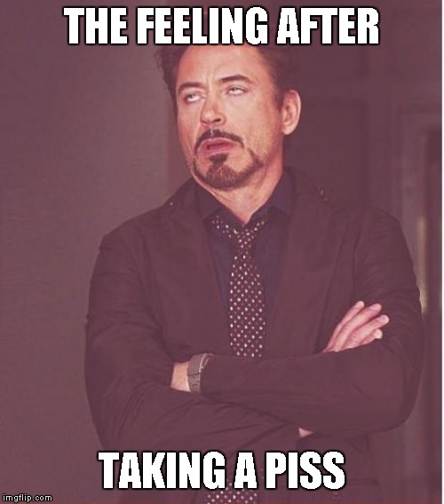 Face You Make Robert Downey Jr | THE FEELING AFTER; TAKING A PISS | image tagged in memes,face you make robert downey jr,avengers,funny | made w/ Imgflip meme maker
