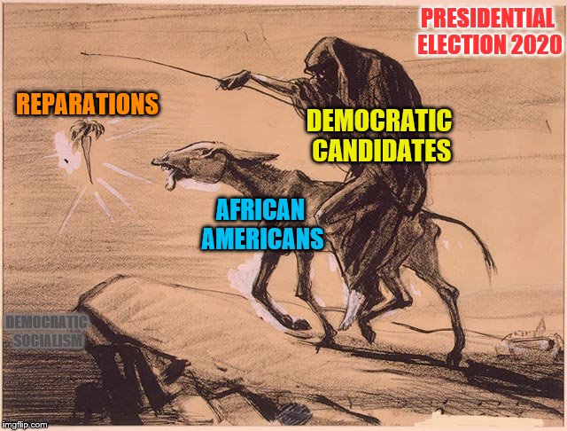 Trigger Warning: The truth may upset you. | PRESIDENTIAL ELECTION 2020; REPARATIONS; DEMOCRATIC CANDIDATES; AFRICAN AMERICANS; DEMOCRATIC SOCIALISM | image tagged in memes,democrats,election 2020,political meme | made w/ Imgflip meme maker